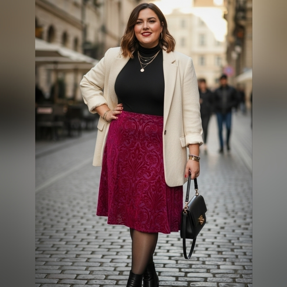 NWT Bob Mackie Wine Fuchsia Velvet Brocade Skirt - Plus Size 3X